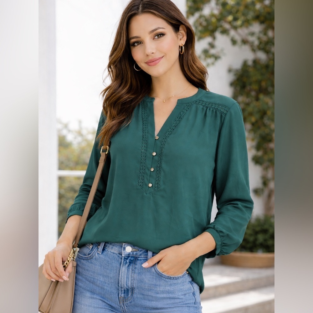 Collective Concepts Teal Green Lace Trim V-Neck Blouse Size L